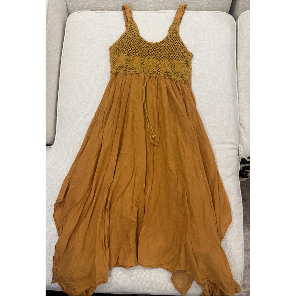 MG Collection Dress Womens 8 Boho Crochet Handkerchief Hem Mustard Excellent